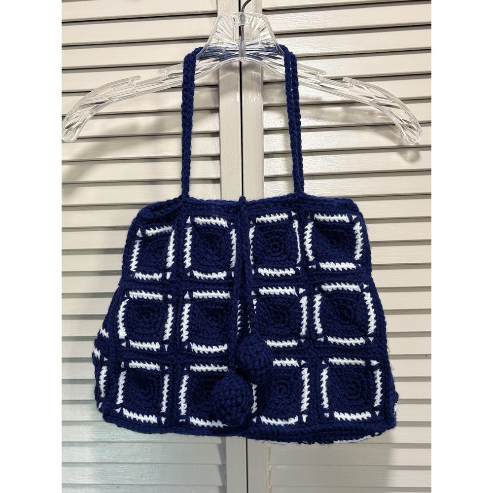 Granny Square Purse Blue/White Handmade Crocheted Medium Size No Lining/pockets